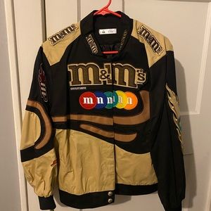 m&m themed varsity jacket